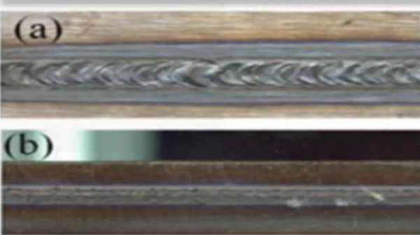  图2 半导体激光焊接低碳钢和不锈钢焊缝表面  注：(a)低碳钢， (b)不锈钢