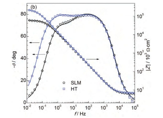 图5 SLM态及HT态Ti6Al4V合金在0.6V（vs SCE）下极化1 h后的 Nyquist图，Bode图以及拟合所用的等效电路图