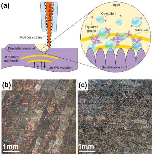 图3 超声复合激光增材制造TC4合金显微组织调控：（a）激光熔化沉积复合高频超声振动工艺；（b）常规激光熔化沉积TC4合金的粗大柱状晶；（c）超声复合激光增材制造TC4合金的细小等轴晶