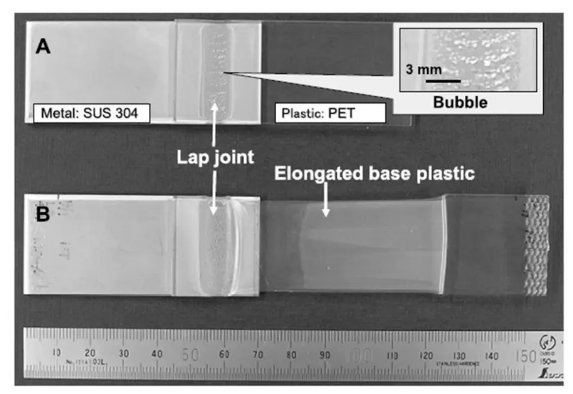 图5 激光直接焊接金属与塑料（左）和焊接PET与304不锈钢的实物图（右） 
