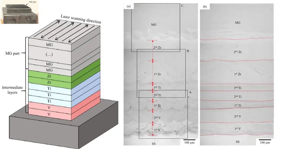 LAM制造多材料SS → V → Ti → Zr → MG 的示意图及其实际结果：SS不锈钢，MG马氏体时效钢